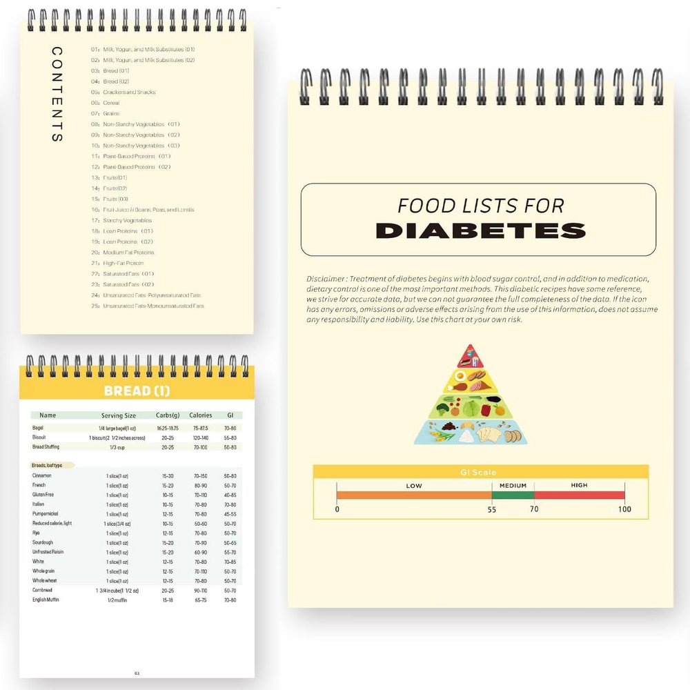 Diabetes Food Chart, Joyfulmap Meal Planner for Diabetics, 345 Grocery Foods List, Diabetic Food List Guide Chart w/Serving Size, Carbs, Calories, Glycemic Index (5.8 x 8.2INYellow)