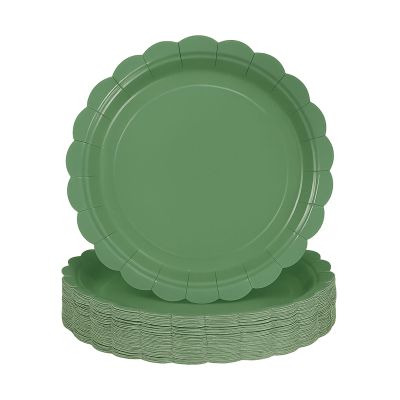 sunepany 50 Pieces Green Paper Plates 9 Inch Scalloped Dessert Plates Disposable Sage Green Dinner Plates for Bridal Baby Shower Wedding Graduation Birthday Party Decorations Cake Plate Supplies