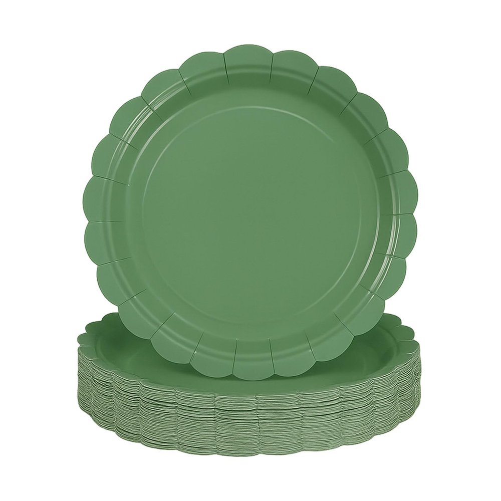 sunepany 50 Pieces Green Paper Plates 9 Inch Scalloped Dessert Plates Disposable Sage Green Dinner Plates for Bridal Baby Shower Wedding Graduation Birthday Party Decorations Cake Plate Supplies