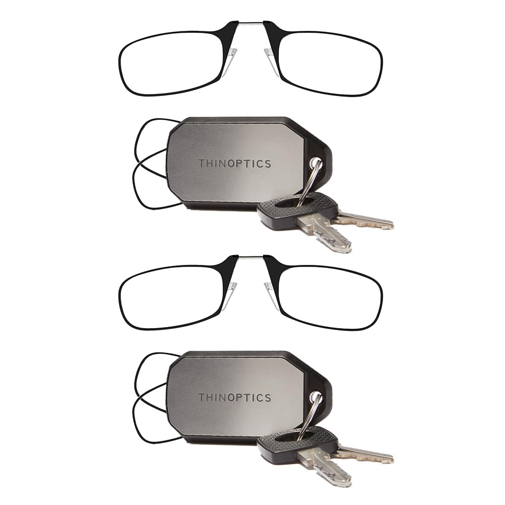 Always With You by ThinOptics 2 Pack Keychain Case and Readers Rectangular Reading Glasses - Silver, Black - 2.50x