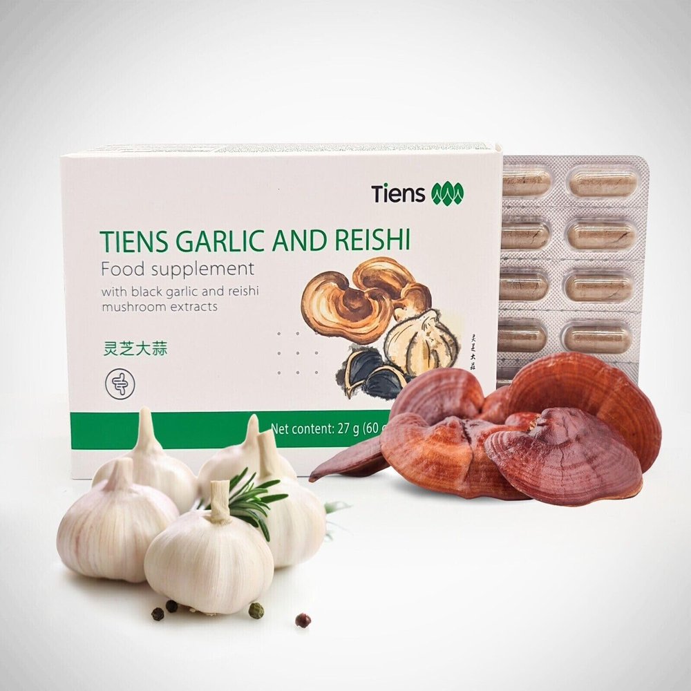 Tiens Organic Garlic & Reishi Mushroom Capsules Herbal Food Supplement for General Well-Being 60 Capsules