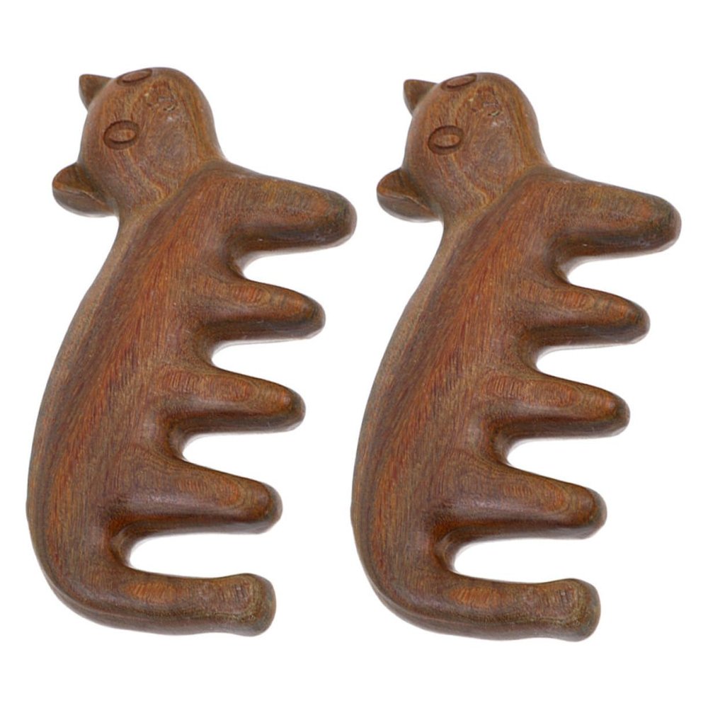 DEARMAMY 2pcs Cat-shaped Wooden Massage Comb Portable Scalp Massager for Stress Relief Gentle Hair Scalp Brush for Home Office and Travel Use