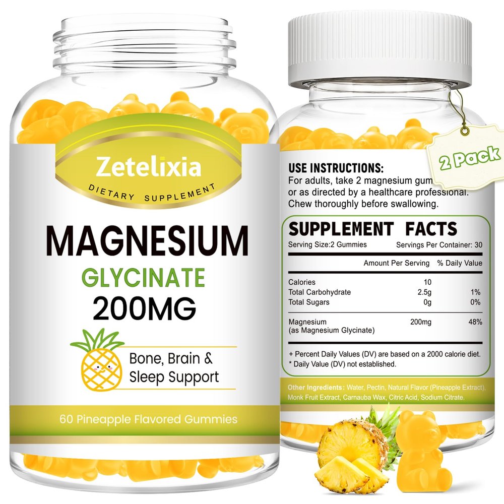 200MG Magnesium Glycinate Gummies, High Absorption Magnesium Glycinate Supplements for Relaxation, Magnesium Chews for Adults and Kids, Pineapple Flavor 120 Count