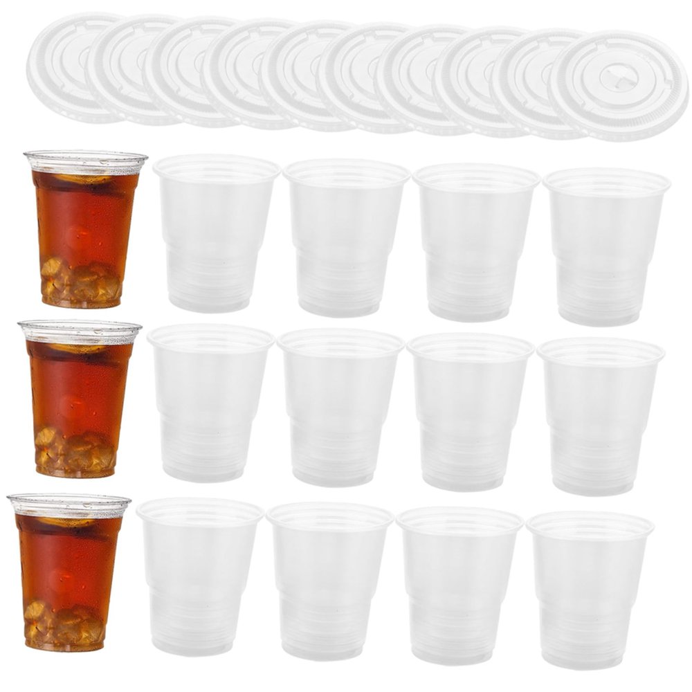 Ipetboom 50sets Disposable Transparent Beverage Cups Lids for Cold Drinks Juice Tea and Party Use and Drinkware