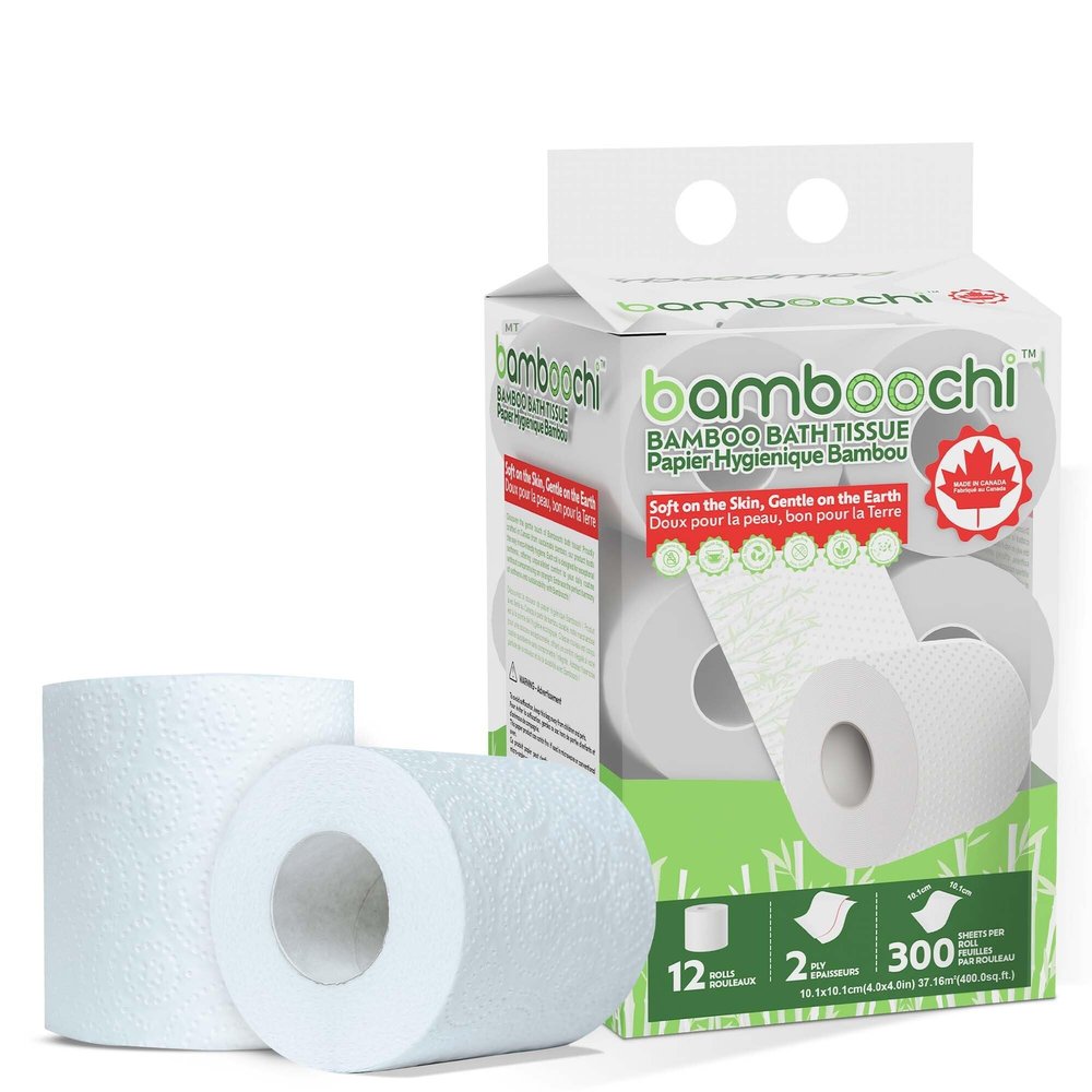 Bamboochi Bamboo Toilet Paper, Septic Safe Toilet Paper 2 Ply 12 Rolls 300 Sheets Per Roll, Soft Unscented Bath Tissue, RV Safe, Eco-Friendly, Non Chlorine, PFAS Free, Made in Canada
