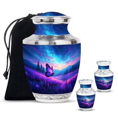 Purple Beautiful Urn, Cremation Keepsake Urns for Ashes, Urns for Human Ashes Adult Female, Purple Memorial Urn for Women (Size, 10 Inch 1 Pcs & 3 Inch, 2 Pcs)