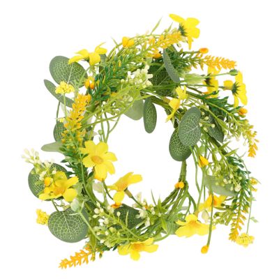 BATHVEVE Yellow Daisy Eucalyptus Candle Holder Wreath 1 Piece Spring Floral Ring for Wedding and Party Table Decor Romantic Atmosphere Creation