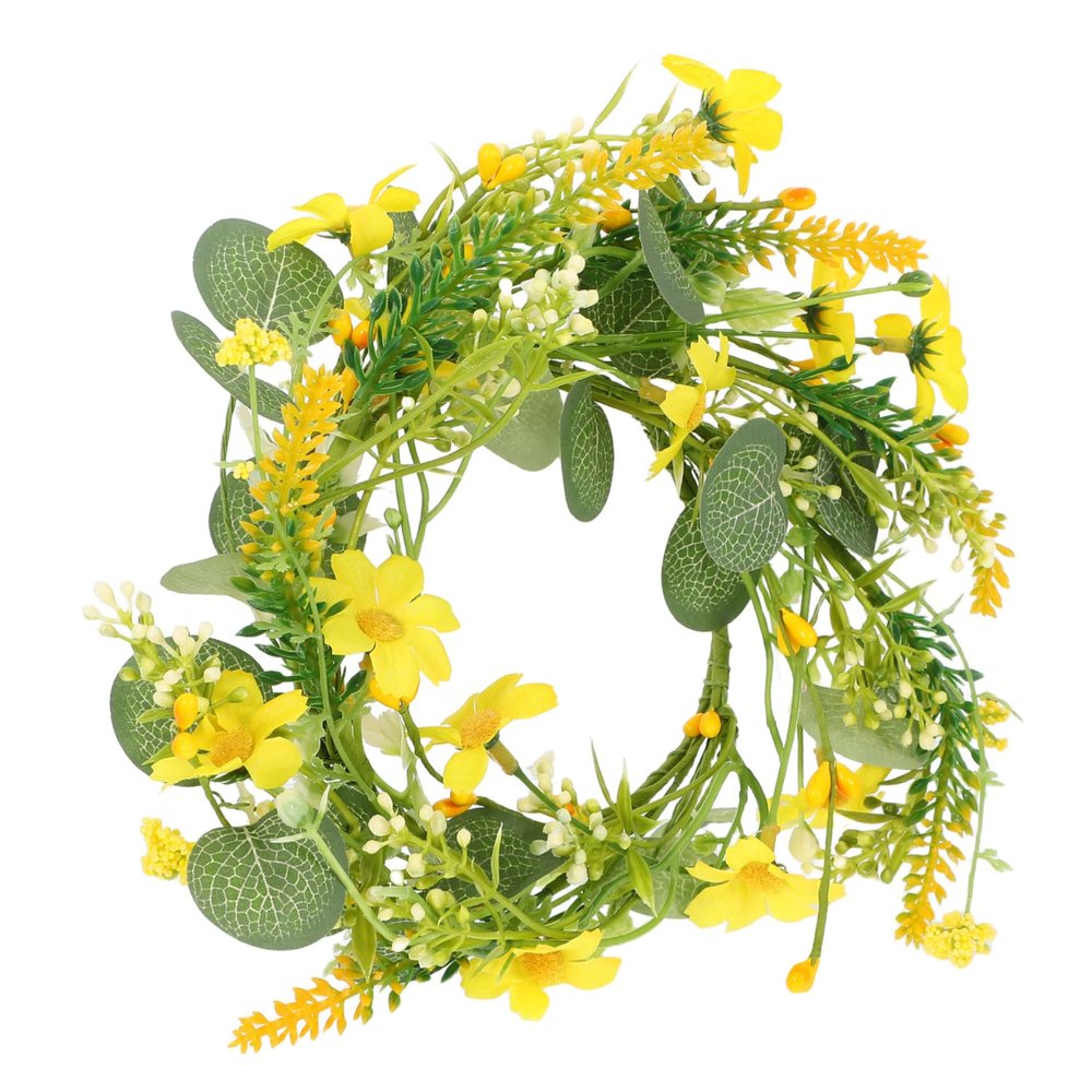BATHVEVE Yellow Daisy Eucalyptus Candle Holder Wreath 1 Piece Spring Floral Ring for Wedding and Party Table Decor Romantic Atmosphere Creation