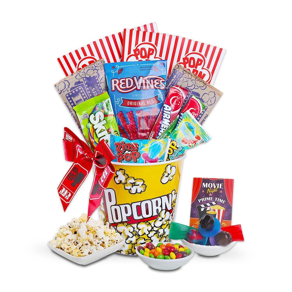Alder Creek Gift Baskets Popular Movie Night Gift with Popcorn Bucket and Movie Candy