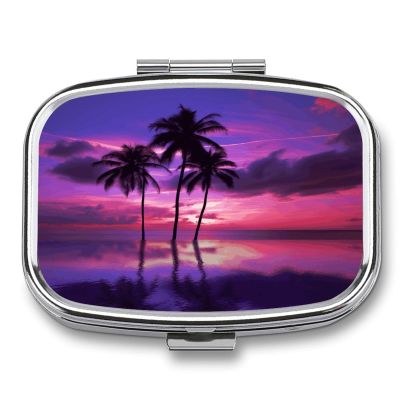 Small Pill Case, Travel Pill Box, Palm Tree Purple Sunsetprinting Pill Case,Portable Pill Organizer,Two Compartments Travel Pill Organizer,Portable Pill Container Medicine Vitamin Organizer