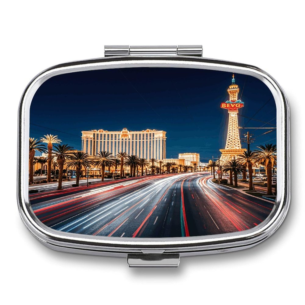 Small Pill Case, Travel Pill Box, Las Vegas Nightprinting Pill Case,Portable Pill Organizer,Two Compartments Travel Pill Organizer,Portable Pill Container Medicine Vitamin Organizer