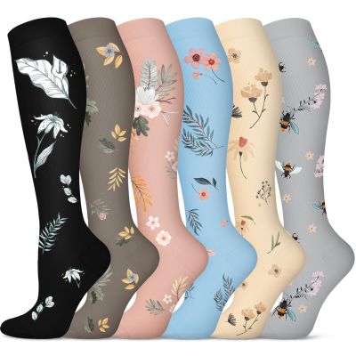 6 Pairs Compression Socks for Men & Women 20-30 mmHg Graduated Compression Pressure Stockings for Improving Easy-on Boost Terapeuticas Mobilize Lantiembolic Vericous(Pink Flowers Series,S-M)