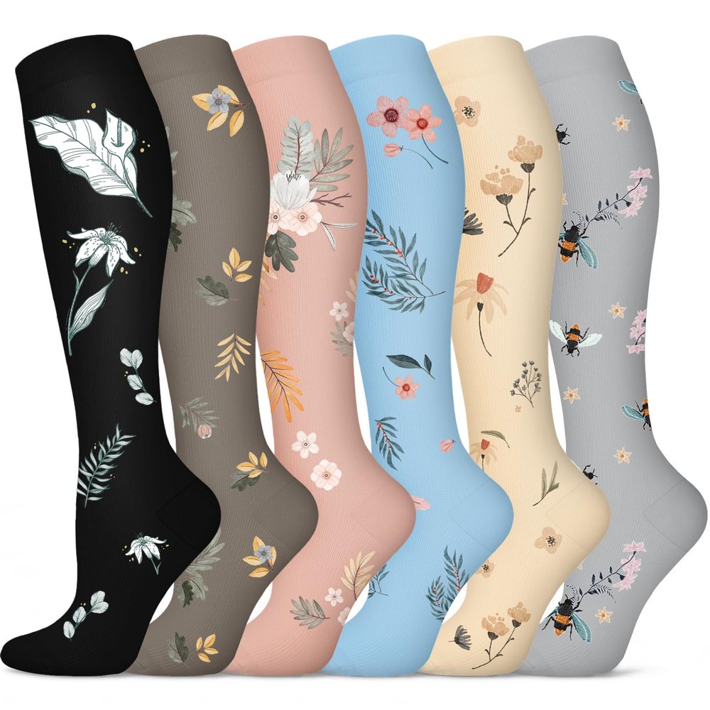 6 Pairs Compression Socks for Men & Women 20-30 mmHg Graduated Compression Pressure Stockings for Improving Easy-on Boost Terapeuticas Mobilize Lantiembolic Vericous(Pink Flowers Series,S-M)