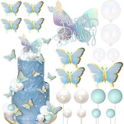 23 Pack Butterfly Cake Toppers Golden Pink Ball Boho Happy Birthday Cake Picks Butterfly Women Wedding Baby Shower Boho Cupcake Decorations Party Supplies Blue
