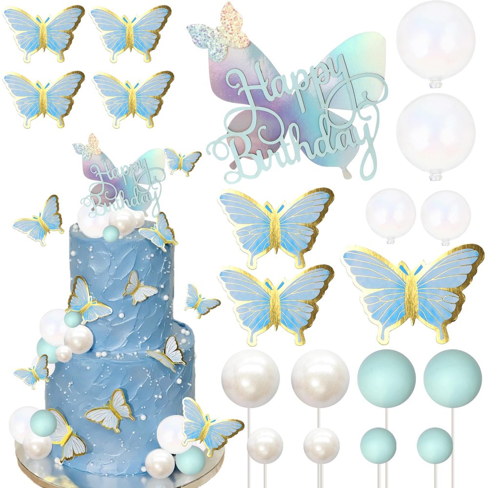23 Pack Butterfly Cake Toppers Golden Pink Ball Boho Happy Birthday Cake Picks Butterfly Women Wedding Baby Shower Boho Cupcake Decorations Party Supplies Blue