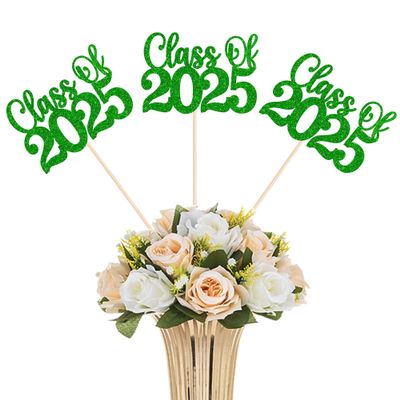 12 Pack Class of 2025 Graduation Centerpiece Sticks Glitter Class of 2025 Cake Toppers Diploma Grad Cap Table Centerpiece Sticks for School Graduation Theme Party Green