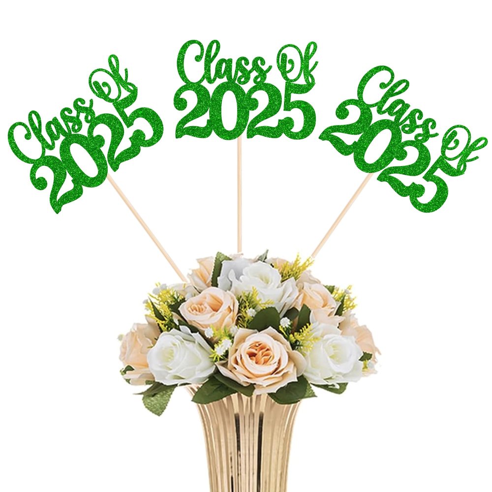12 Pack Class of 2025 Graduation Centerpiece Sticks Glitter Class of 2025 Cake Toppers Diploma Grad Cap Table Centerpiece Sticks for School Graduation Theme Party Green