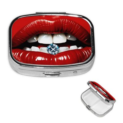 Red Lips with Diamond Pill Box 2 Compartment Square Portable Pill Case for Pocket or Purse Pill Holder Weekly Pill Organizer Decorative Metal Medicine Vitamin Organizer Travel Gift
