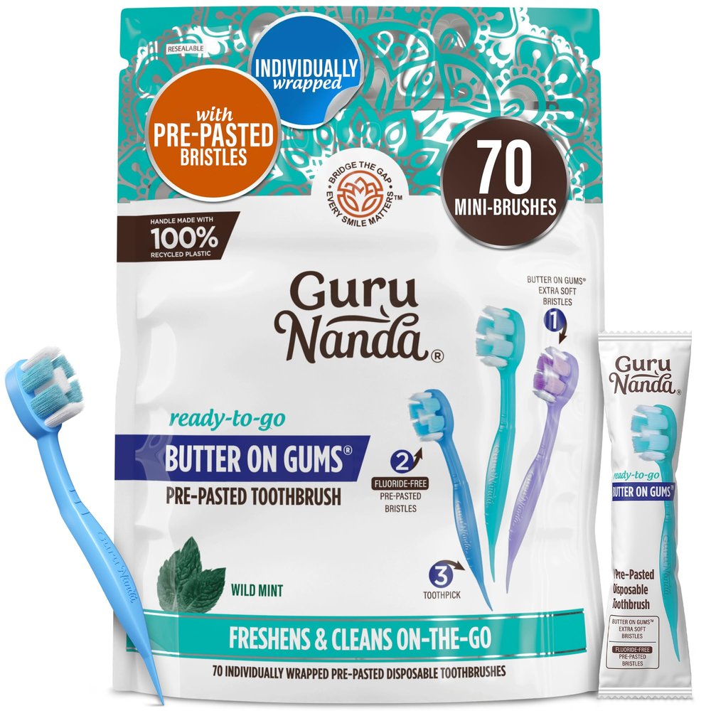 GuruNanda Mini Disposable Toothbrushes with Toothpaste & Toothpick, Prepasted Ready-to-Go Travel Toothbrush with Butter on Gums Bristles - Fluoride Free, No Rinsing, Individually Wrapped, 70 Ct