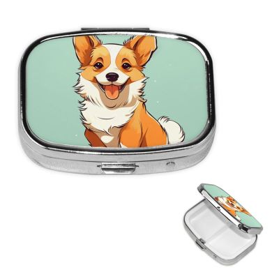 Corgi Cute Dog Pill Box 2 Compartment Square Portable Pill Case for Pocket or Purse Pill Holder Weekly Pill Organizer Decorative Metal Medicine Vitamin Organizer Travel Gift