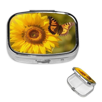 Sunflower Butterfly Sunny Pill Box 2 Compartment Square Portable Pill Case for Pocket or Purse Pill Holder Weekly Pill Organizer Decorative Metal Medicine Vitamin Organizer Travel Gift