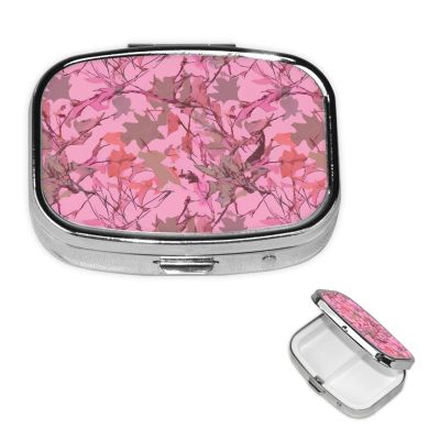 Pink Leaves Camo Pill Box 2 Compartment Square Portable Pill Case for Pocket or Purse Pill Holder Weekly Pill Organizer Decorative Metal Medicine Vitamin Organizer Travel Gift