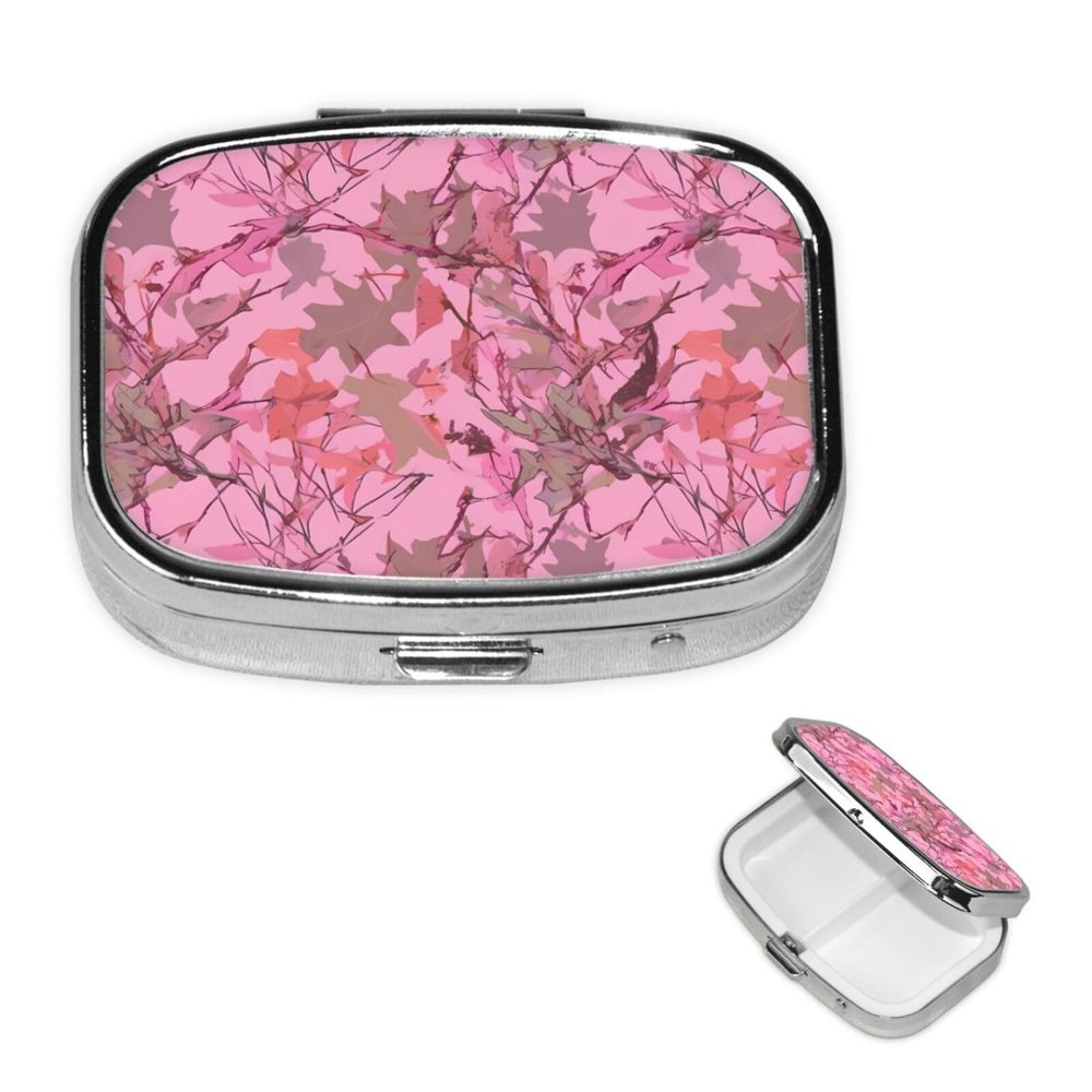 Pink Leaves Camo Pill Box 2 Compartment Square Portable Pill Case for Pocket or Purse Pill Holder Weekly Pill Organizer Decorative Metal Medicine Vitamin Organizer Travel Gift