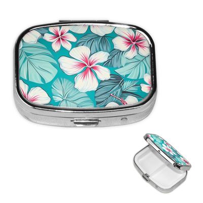 Tropical Hibiscus Flowers Pill Box 2 Compartment Square Portable Pill Case for Pocket or Purse Pill Holder Weekly Pill Organizer Decorative Metal Medicine Vitamin Organizer Travel Gift