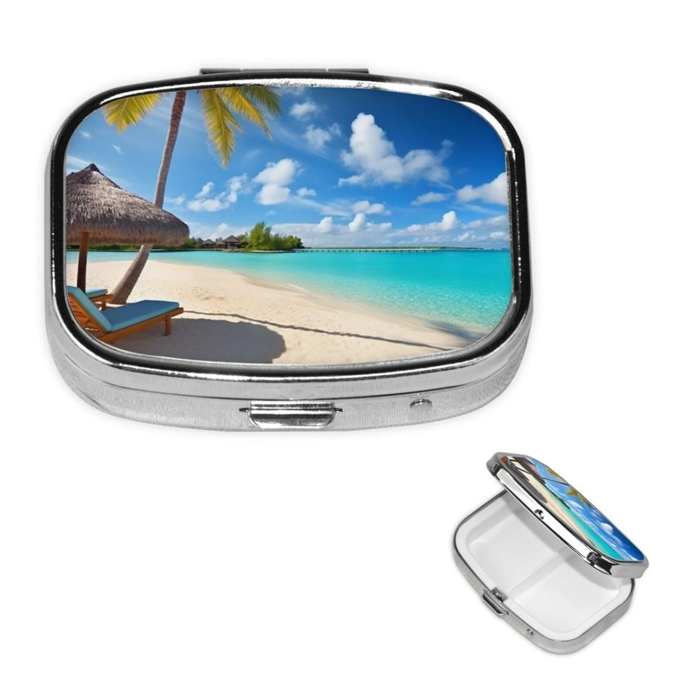 Tropical Beach Pill Box 2 Compartment Square Portable Pill Case for Pocket or Purse Pill Holder Weekly Pill Organizer Decorative Metal Medicine Vitamin Organizer Travel Gift