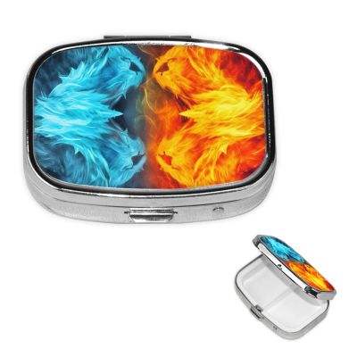 Fire vs ice Art Pill Box 2 Compartment Square Portable Pill Case for Pocket or Purse Pill Holder Weekly Pill Organizer Decorative Metal Medicine Vitamin Organizer Travel Gift