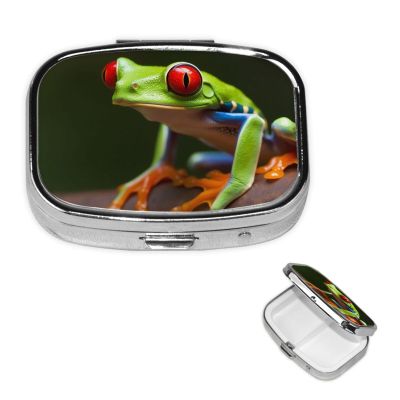 Red Eyes Tree Frogs Pill Box 2 Compartment Square Portable Pill Case for Pocket or Purse Pill Holder Weekly Pill Organizer Decorative Metal Medicine Vitamin Organizer Travel Gift