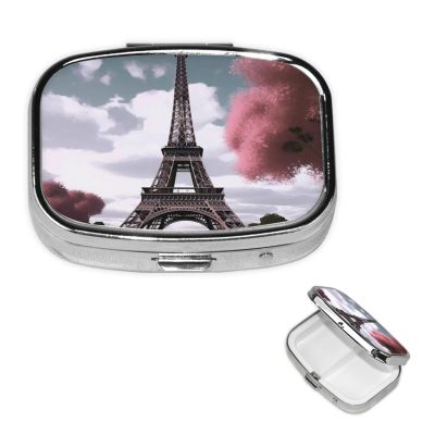 Eiffel Tower Pill Box 2 Compartment Square Portable Pill Case for Pocket or Purse Pill Holder Weekly Pill Organizer Decorative Metal Medicine Vitamin Organizer Travel Gift