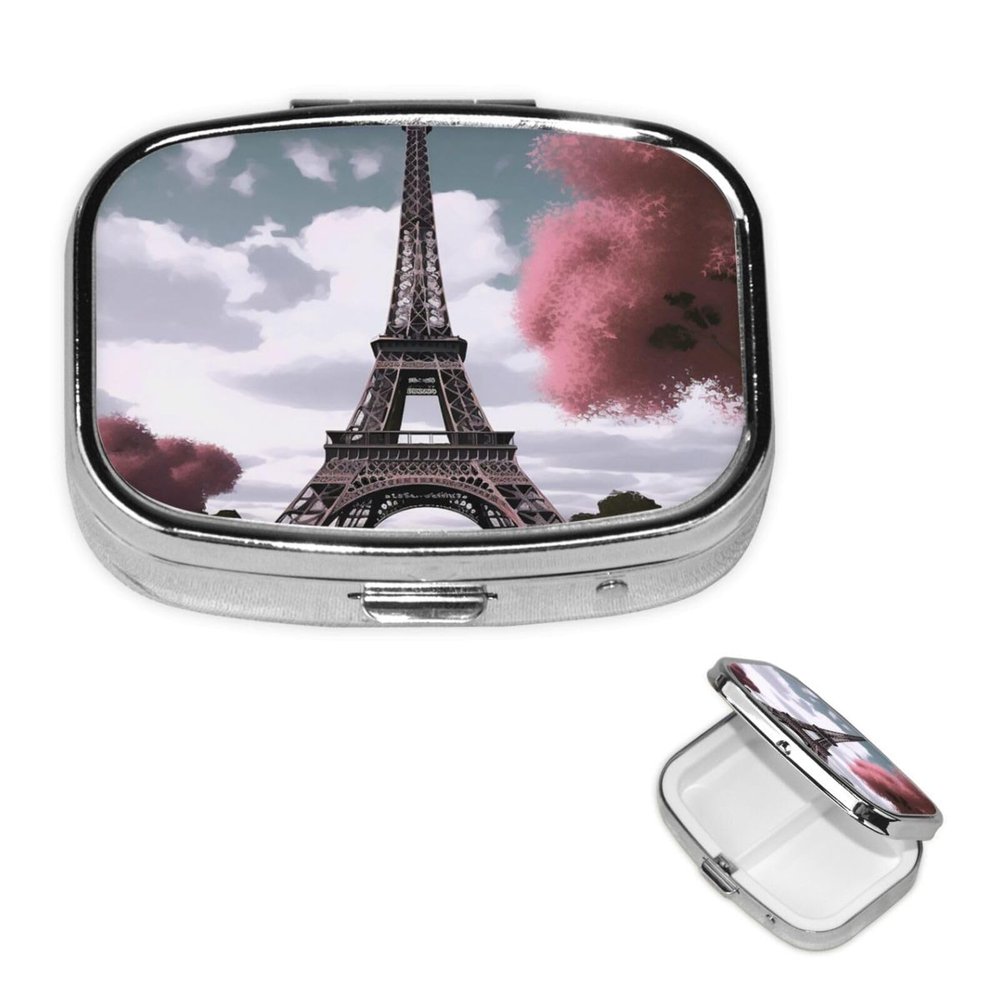 Eiffel Tower Pill Box 2 Compartment Square Portable Pill Case for Pocket or Purse Pill Holder Weekly Pill Organizer Decorative Metal Medicine Vitamin Organizer Travel Gift