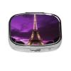 Purple Eiffel Tower Pill Box 2 Compartment Square Portable Pill Case for Pocket or Purse Pill Holder Weekly Pill Organizer Decorative Metal Medicine Vitamin Organizer Travel Gift view 2