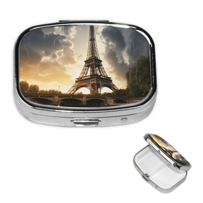 Eiffel Tower Pill Box 2 Compartment Square Portable Pill Case for Pocket or Purse Pill Holder Weekly Pill Organizer Decorative Metal Medicine Vitamin Organizer Travel Gift