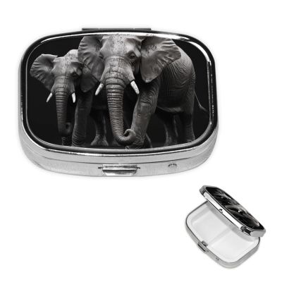 3D Gray Elephant Pill Box 2 Compartment Square Portable Pill Case for Pocket or Purse Pill Holder Weekly Pill Organizer Decorative Metal Medicine Vitamin Organizer Travel Gift