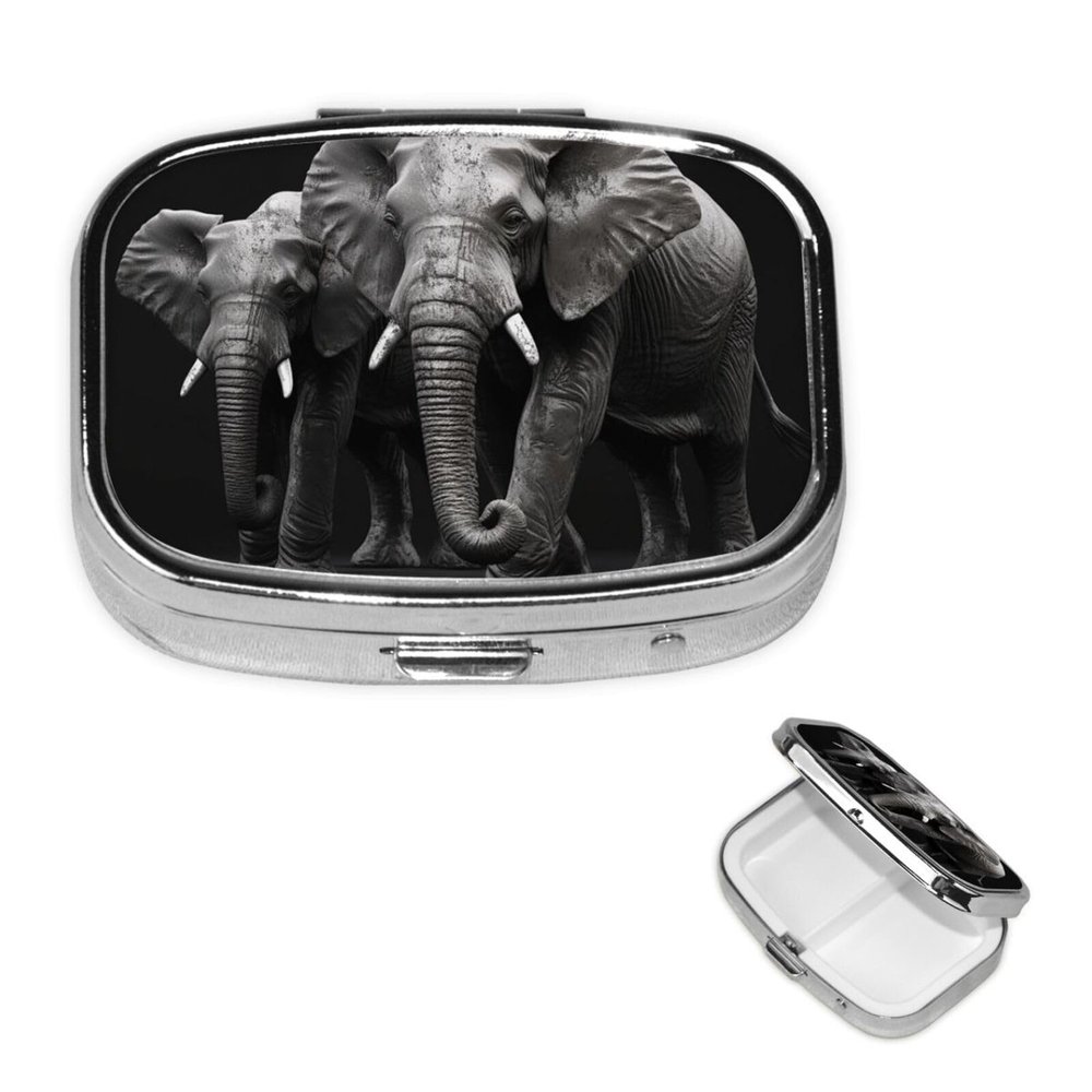 3D Gray Elephant Pill Box 2 Compartment Square Portable Pill Case for Pocket or Purse Pill Holder Weekly Pill Organizer Decorative Metal Medicine Vitamin Organizer Travel Gift