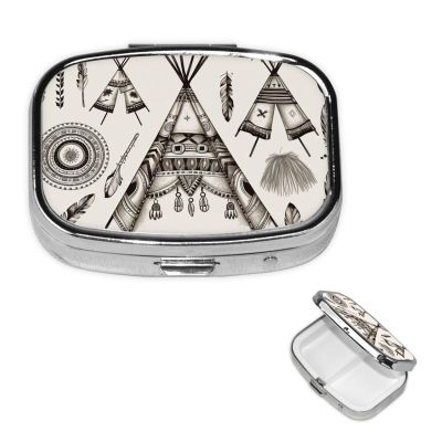 Feather Head Band Teepee Tent Pill Box 2 Compartment Square Portable Pill Case for Pocket or Purse Pill Holder Weekly Pill Organizer Decorative Metal Medicine Vitamin Organizer Travel Gift