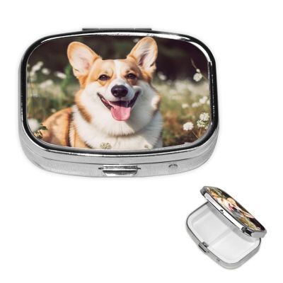 Happy Corgi Dog Pill Box 2 Compartment Square Portable Pill Case for Pocket or Purse Pill Holder Weekly Pill Organizer Decorative Metal Medicine Vitamin Organizer Travel Gift