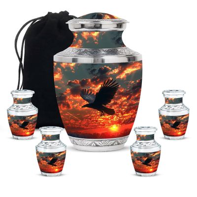 KARYLIZ Crow Urns for Human Ashes - Urns for Human Ashes Adult Female & Male - Raven at Sunset Mini Urns for Women & Men - Small Keepsake Urn for Human Ashes (Combo of 5, 10" & 3")