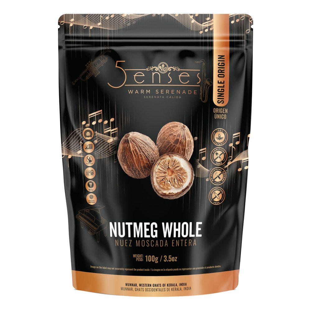 5Senses Nutmeg Whole | Nutmeg-in-the-Shell | Nuez moscada en cscara | Warm Serenade | Single Origin, Non-GMO, Fairtrade, Premium Whole Nutmeg, Kosher, Plastic Neutral, Handpicked from Munnar, Western Ghats, India (3.5oz/100g)