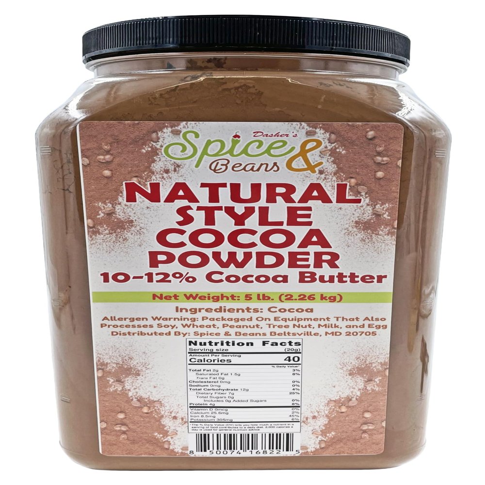 Natural Cocoa Powder | 1012% Cocoa Butter | Unsweetened Baking Cocoa | Bulk 5 lb Container | Rich Chocolate Flavor for Cakes, Brownies, Hot Chocolate & Smoothies | Dashers Spice & Beans