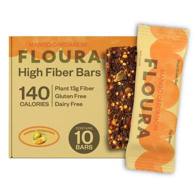 Floura Mango Cardamom Fruit-Forward Fiber Bars High Fiber, Vegan, Gluten & Dairy Free, Low Calorie Healthy Snack Bars with Upcycled Produce for Gut Health [10 Pack]