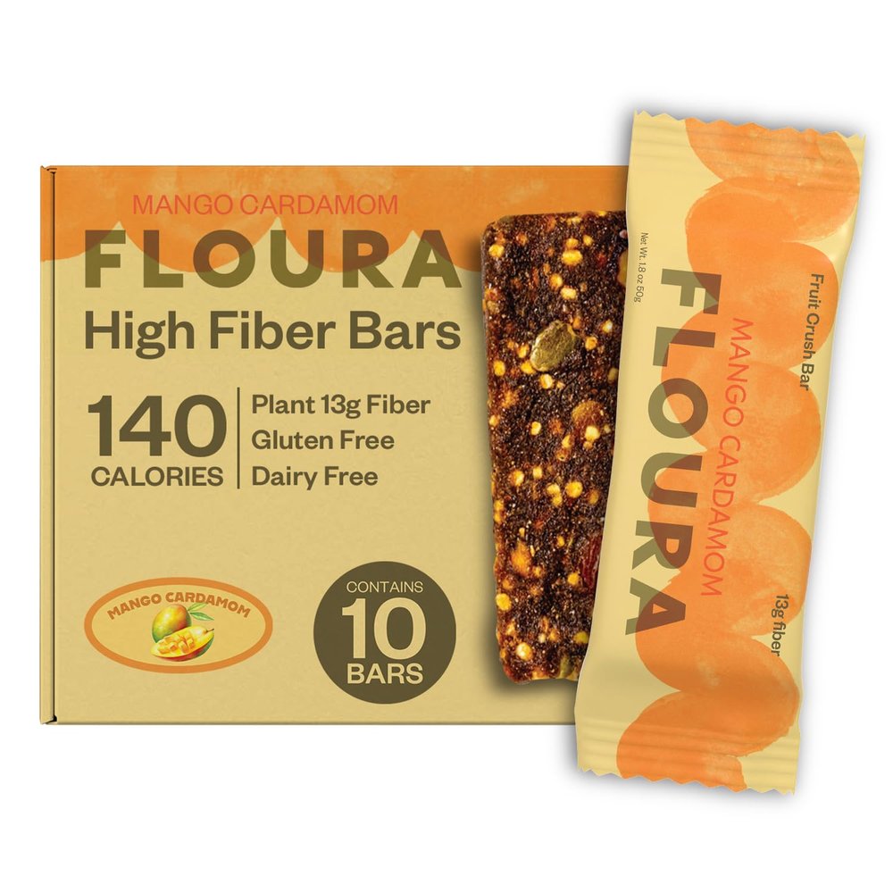 Floura Mango Cardamom Fruit-Forward Fiber Bars High Fiber, Vegan, Gluten & Dairy Free, Low Calorie Healthy Snack Bars with Upcycled Produce for Gut Health [10 Pack]