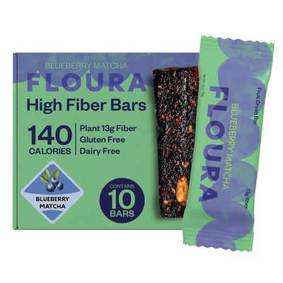 Floura Blueberry Matcha Fruit-Forward Fiber Bars High Fiber, Vegan, Gluten & Dairy Free, Low Calorie Healthy Snack Bars with Upcycled Produce for Gut Health [10 Pack]