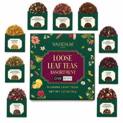 VAHDAM Top 9 Exotic Loose Leaf Tea Sampler (18+ cups) | Floral & Fruity Blends with Delicious Taste | Hot & Iced | Perfect for Gifting & Regular Consumption