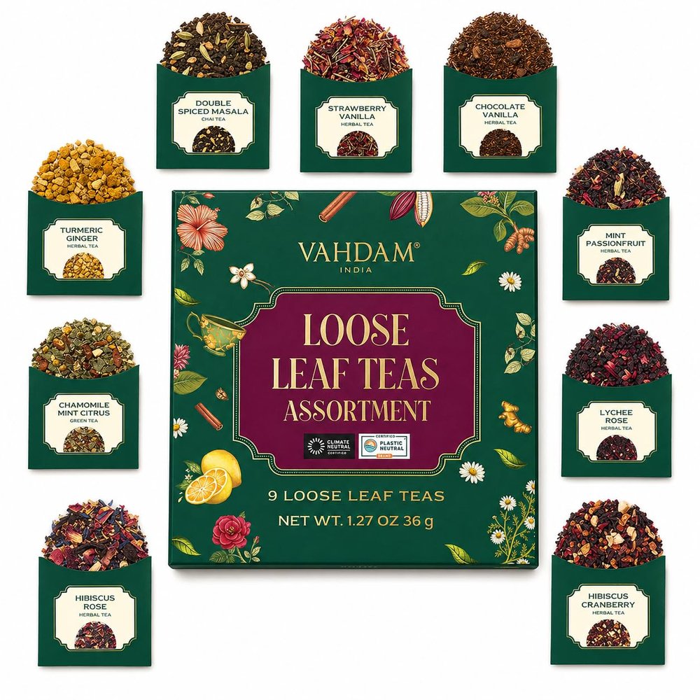 VAHDAM Top 9 Exotic Loose Leaf Tea Sampler (18+ cups) | Floral & Fruity Blends with Delicious Taste | Hot & Iced | Perfect for Gifting & Regular Consumption