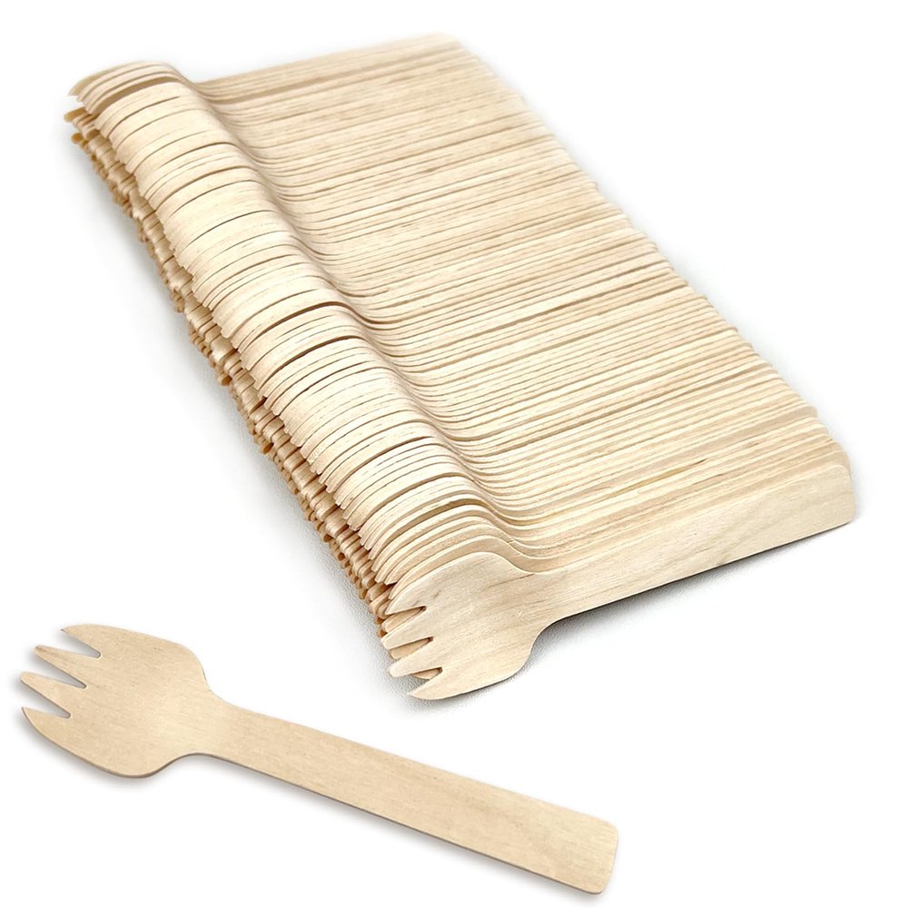 100-Pack Mini Disposable Wooden Sporks Eco-Friendly 2-in-1 Fork & Spoon Utensils, Natural Wood, Ideal for Desserts & Samplers