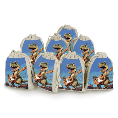 Dinosaur Playing Guitar Drawstrings Bags Durable Portable Cotton Linen Cloth Pouch Reusable Small Storage Bags For Wrapping Gift Small Jewelry Stones Bracelet Headphones