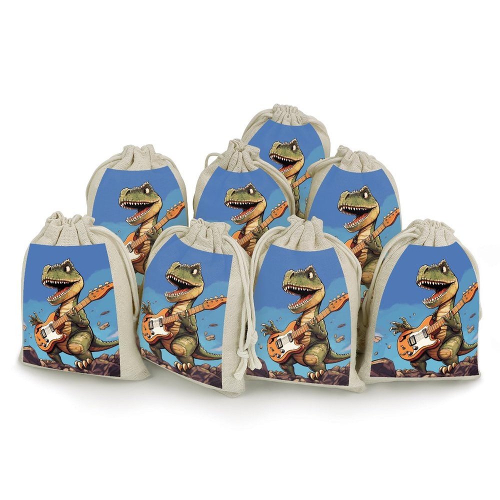 Dinosaur Playing Guitar Drawstrings Bags Durable Portable Cotton Linen Cloth Pouch Reusable Small Storage Bags For Wrapping Gift Small Jewelry Stones Bracelet Headphones